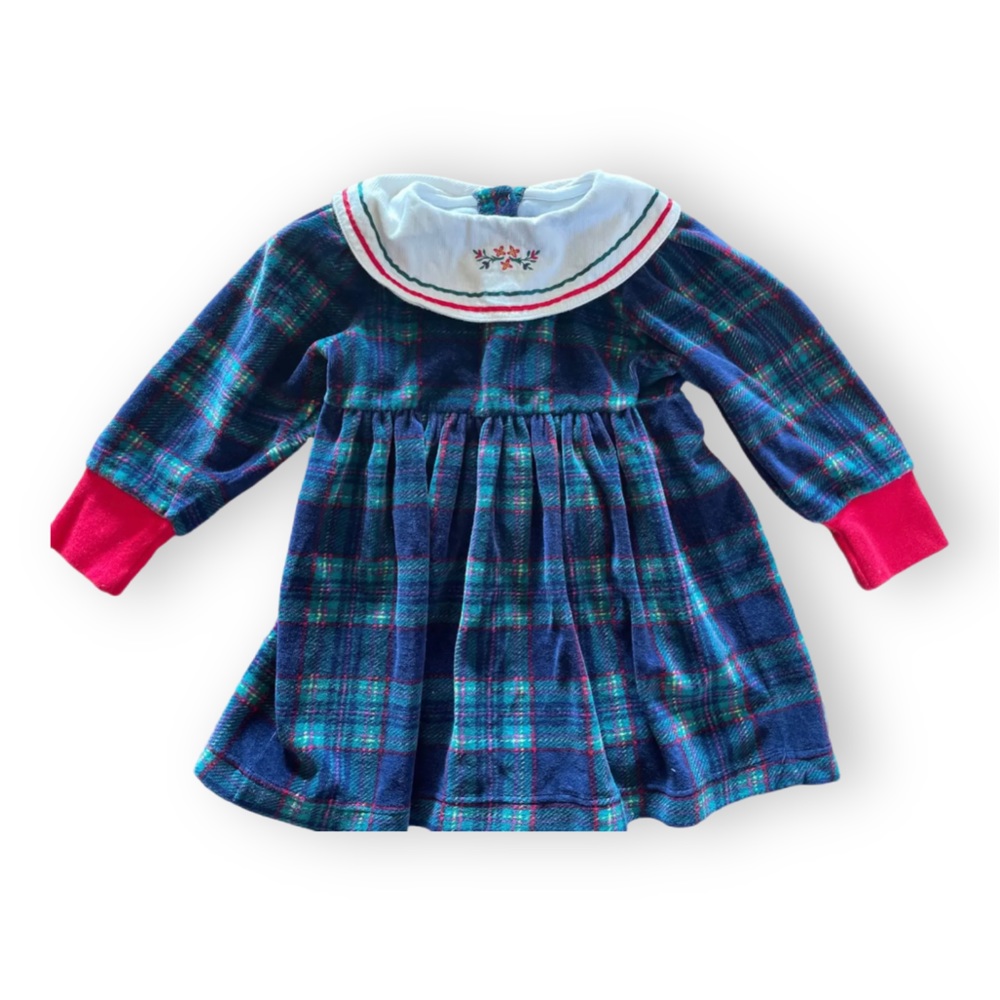 Vintage Gymboree Plaid Holiday Dress. embroidered Collar. Velvet. Size Small
